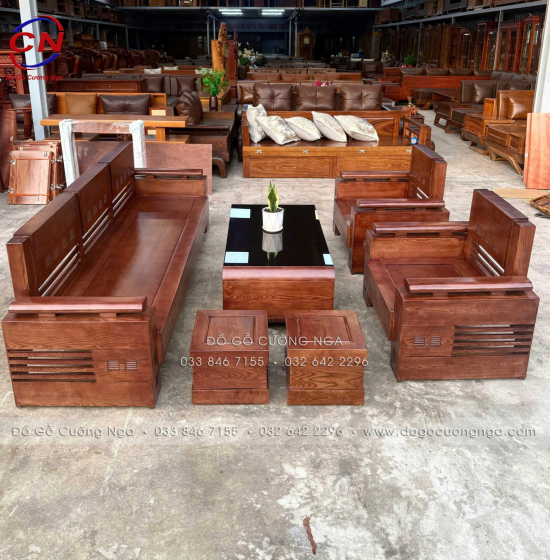 Bộ Sofa Đối Xứng Gỗ Sồi Nga 6 Món Màu Óc Chó Sang Trọng