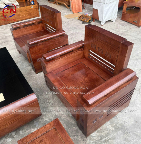 Bộ Sofa Đối Xứng Gỗ Sồi Nga 6 Món Màu Óc Chó Sang Trọng
