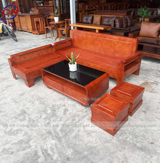 Sofa Gỗ Sồi Góc L 2m x 1m8 Bàn Boom Đẹp Thiết Kế Tựa Liền 