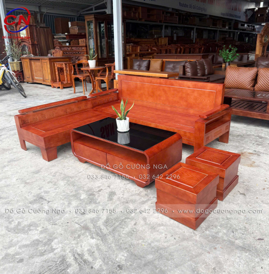Sofa Gỗ Sồi Góc L 2m x 1m8 Bàn Boom Đẹp Thiết Kế Tựa Liền 