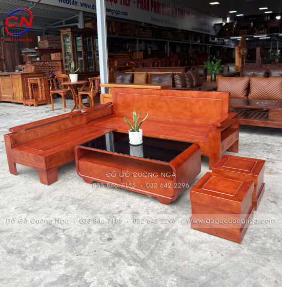 Sofa Gỗ Sồi Góc L 2m x 1m8 Bàn Boom Đẹp Thiết Kế Tựa Liền 