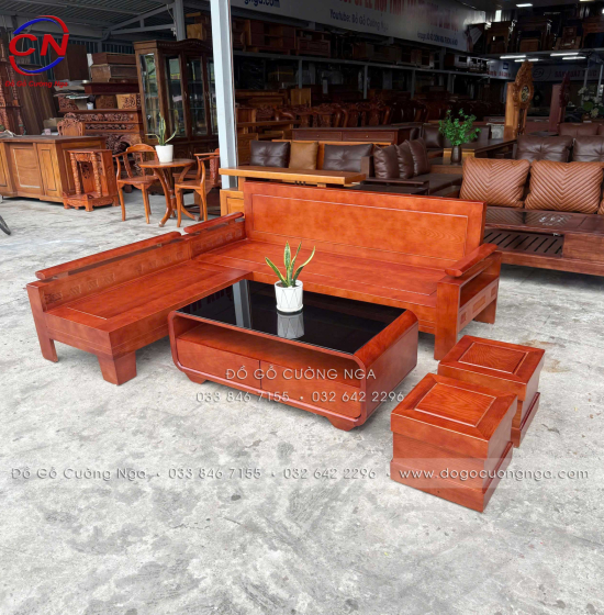 Sofa Gỗ Sồi Góc L 2m x 1m8 Bàn Boom Đẹp Thiết Kế Tựa Liền 