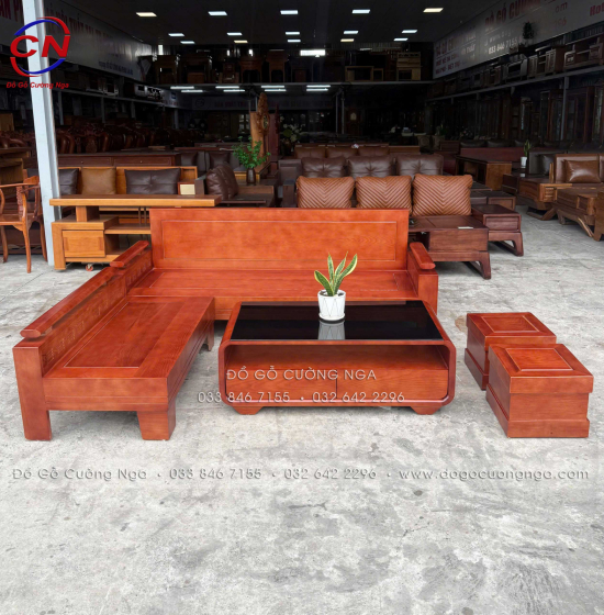 Sofa Gỗ Sồi Góc L 2m x 1m8 Bàn Boom Đẹp Thiết Kế Tựa Liền 