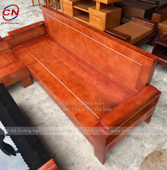 Sofa Gỗ Sồi Góc L 2m x 1m8 Bàn Boom Đẹp Thiết Kế Tựa Liền 