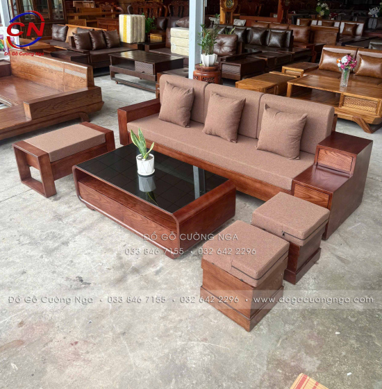 Sofa Văng Gỗ Sồi Nga Màu Óc Chó Có 3 Ngăn Kéo Dài 2m3