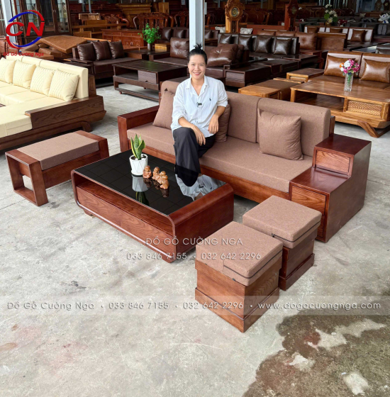 Sofa Văng Gỗ Sồi Nga Màu Óc Chó Có 3 Ngăn Kéo Dài 2m3
