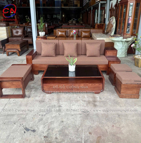 Sofa Văng Gỗ Sồi Nga Màu Óc Chó Có 3 Ngăn Kéo Dài 2m3