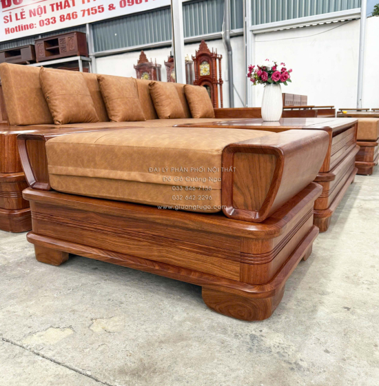 Sofa Gỗ Hương Vàng Góc L Chân Pháo Cao Cấp 3m2x2m15 Mẫu Nệm Da Sáng