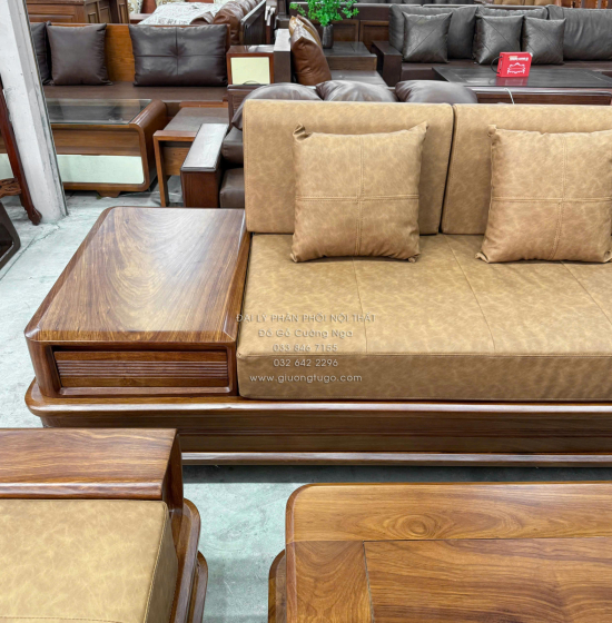 Sofa Gỗ Hương Vàng Góc L Chân Pháo Cao Cấp 3m2x2m15 Mẫu Nệm Da Sáng