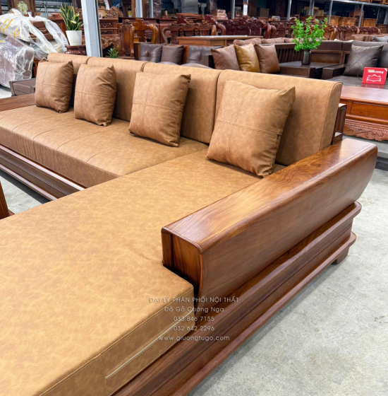 Sofa Gỗ Hương Vàng Góc L Chân Pháo Cao Cấp 3m2x2m15 Mẫu Nệm Da Sáng