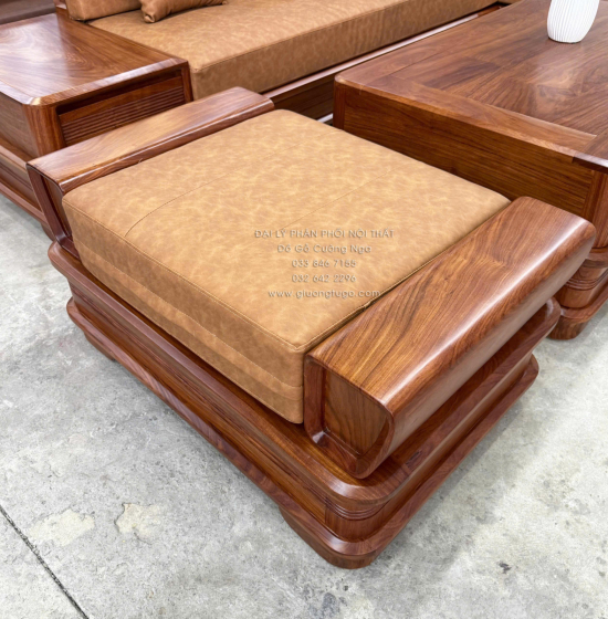 Sofa Gỗ Hương Vàng Góc L Chân Pháo Cao Cấp 3m2x2m15 Mẫu Nệm Da Sáng