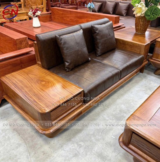 Bộ Sofa Gỗ Hương Vàng 2 Văng Chân Thuyền 3m45x2m75 Cao Cấp
