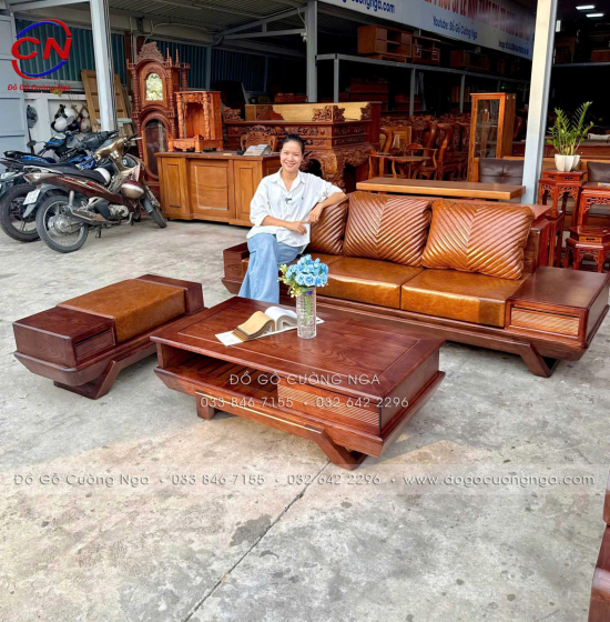 Bộ Bàn Ghế Sofa Gỗ Sồi Nga Chân Thuyền Kèm Nệm 3 Chi Tiết 