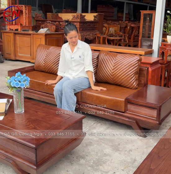 Bộ Bàn Ghế Sofa Gỗ Sồi Nga Chân Thuyền Kèm Nệm 3 Chi Tiết 