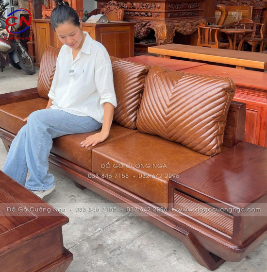 Bộ Bàn Ghế Sofa Gỗ Sồi Nga Chân Thuyền Kèm Nệm 3 Chi Tiết 
