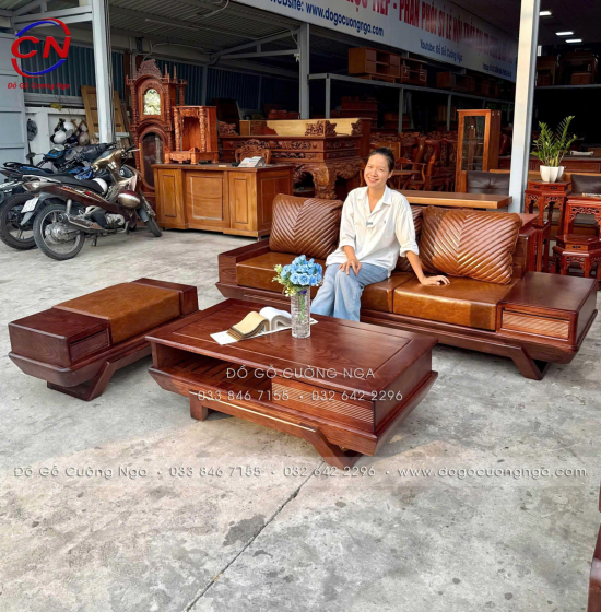 Bộ Bàn Ghế Sofa Gỗ Sồi Nga Chân Thuyền Kèm Nệm 3 Chi Tiết 