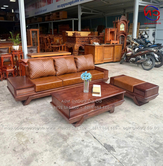 Bộ Bàn Ghế Sofa Gỗ Sồi Nga Chân Thuyền Kèm Nệm 3 Chi Tiết 