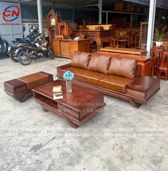 Bộ Bàn Ghế Sofa Gỗ Sồi Nga Chân Thuyền Kèm Nệm 3 Chi Tiết 
