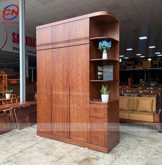 Tủ Áo Gỗ Sồi Nga 3 Cánh 2 Tầng Kèm Kệ Trang Trí Lau Màu Óc Chó Hiện Đại