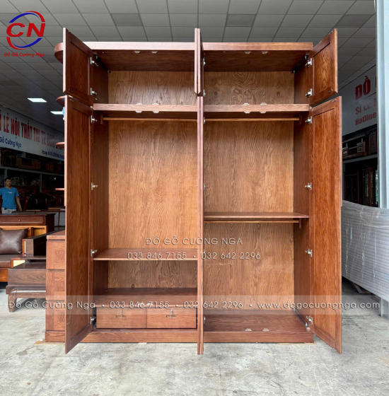 Tủ Áo Gỗ Sồi Nga Lau Màu Óc Chó 4 Cánh 2 Tầng Kèm Kệ Trang Trí Sang Trọng