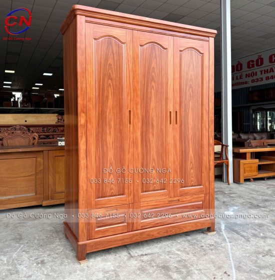 Tủ Quần Áo Gỗ Cẩm Vân 3 Cánh 3 Buồng Mẫu Vòm Trơn Hiện Đại