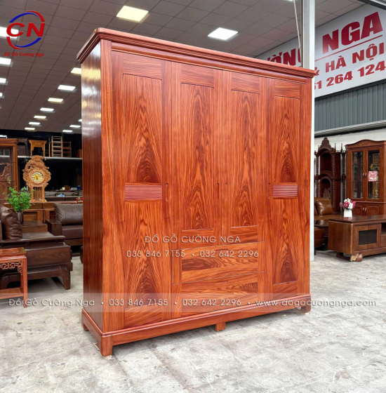 Tủ Quần Áo Gỗ Cẩm Vân 4 Cánh 3 Buồng Hiện Đại 