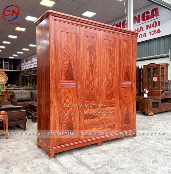 Tủ Quần Áo Gỗ Cẩm Vân 4 Cánh 3 Buồng Hiện Đại 