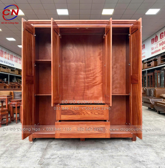 Tủ Quần Áo Gỗ Cẩm Vân 4 Cánh 3 Buồng Hiện Đại 