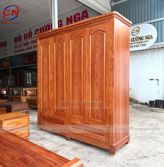 Tủ Quần Áo Gỗ Cẩm Vân 4 Cánh Vòm Hiện Đại
