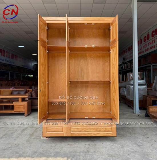 Tủ Áo Gỗ Gõ Đỏ 3 Cánh 2 Tầng Bền Đẹp 