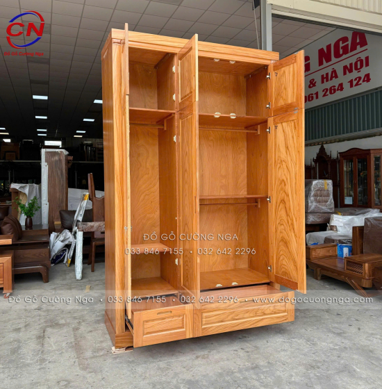 Tủ Áo Gỗ Gõ Đỏ 3 Cánh 2 Tầng Bền Đẹp 