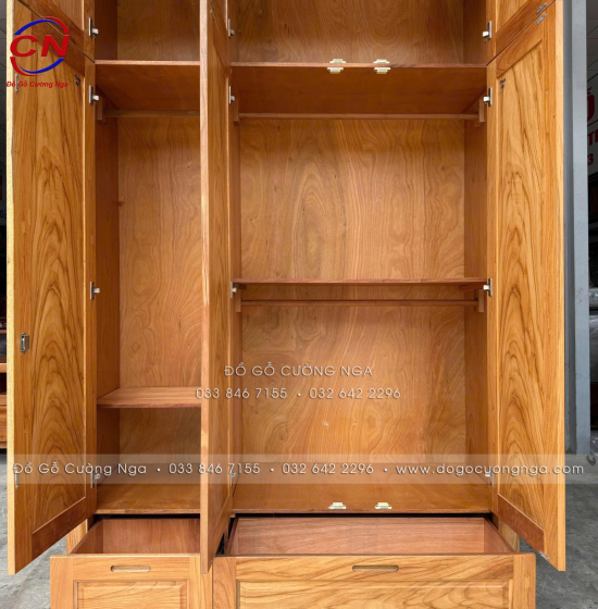 Tủ Áo Gỗ Gõ Đỏ 3 Cánh 2 Tầng Bền Đẹp 