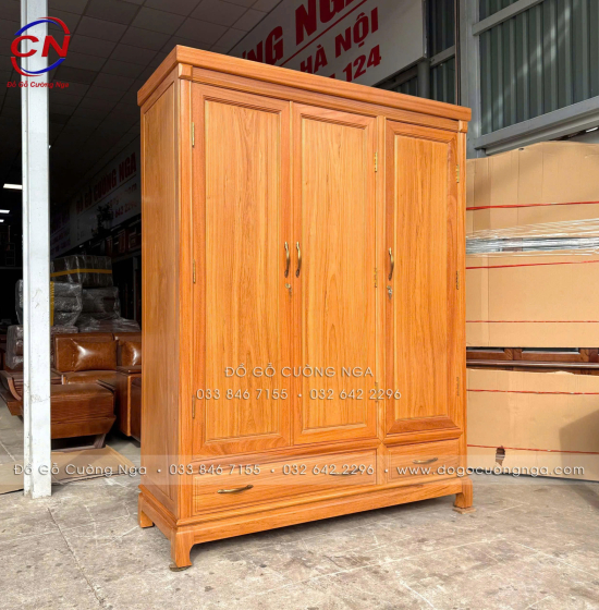 Tủ Áo Gỗ Gõ Đỏ 3 Cánh Cao Cấp 100% Thiết Kế Cánh Trơn 