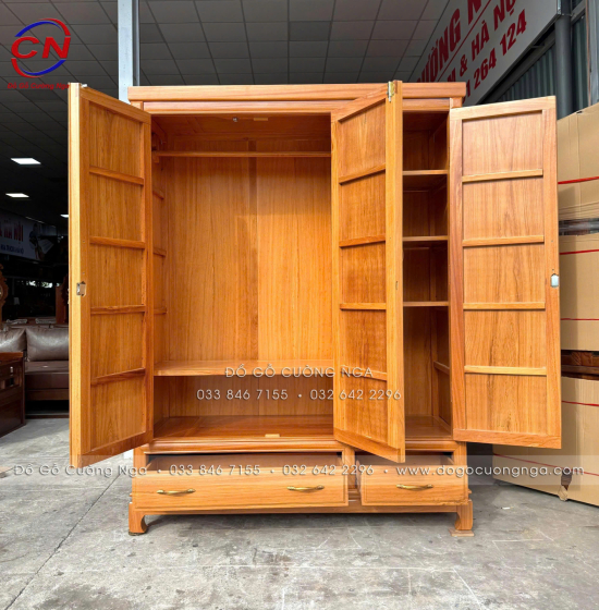 Tủ Áo Gỗ Gõ Đỏ 3 Cánh Cao Cấp 100% Thiết Kế Cánh Trơn 