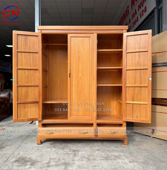Tủ Áo Gỗ Gõ Đỏ 3 Cánh Cao Cấp 100% Thiết Kế Cánh Trơn 