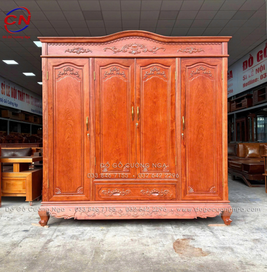 Tủ Áo Gỗ Hương Đá 4 Cánh Tân Cổ Điển Thiết Kế Bản Lề Lá 