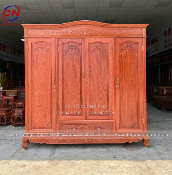 Tủ Áo Gỗ Hương Đá 4 Cánh Tân Cổ Điển Thiết Kế Bản Lề Lá 