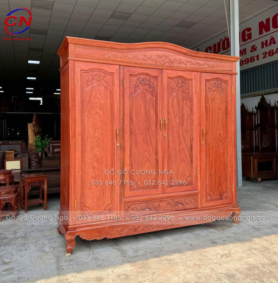Tủ Áo Gỗ Hương Đá 4 Cánh Tân Cổ Điển Thiết Kế Bản Lề Lá 