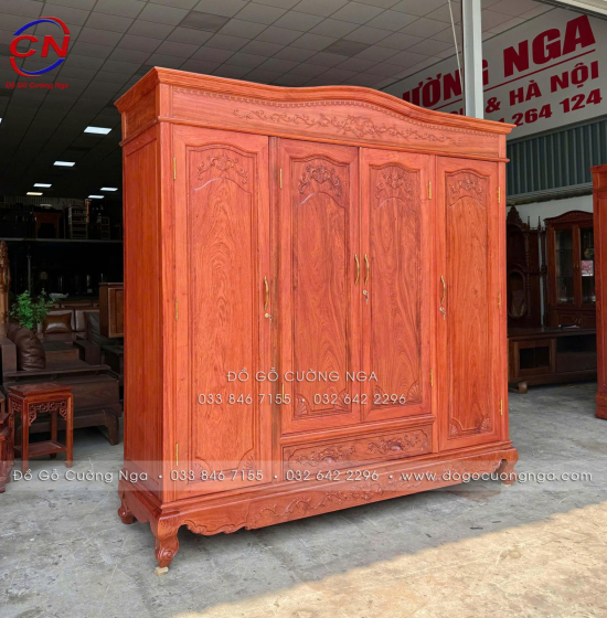 Tủ Áo Gỗ Hương Đá 4 Cánh Tân Cổ Điển Thiết Kế Bản Lề Lá 