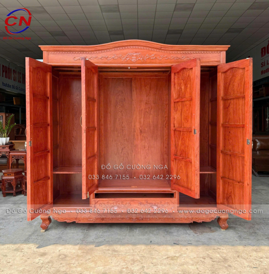 Tủ Áo Gỗ Hương Đá 4 Cánh Tân Cổ Điển Thiết Kế Bản Lề Lá 