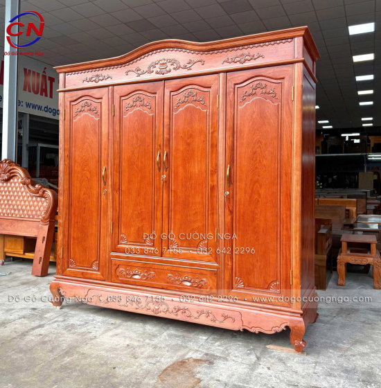 Tủ Áo Gỗ Hương Đá 4 Cánh Tân Cổ Điển Thiết Kế Bản Lề Lá 