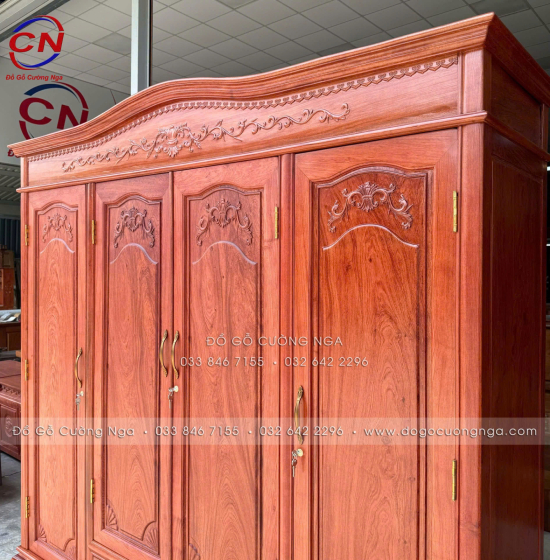 Tủ Áo Gỗ Hương Đá 4 Cánh Tân Cổ Điển Thiết Kế Bản Lề Lá 