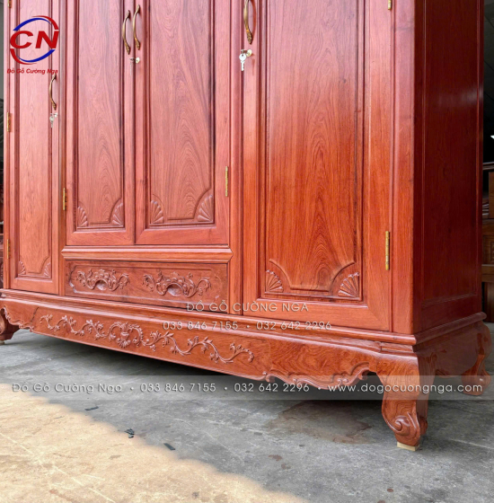 Tủ Áo Gỗ Hương Đá 4 Cánh Tân Cổ Điển Thiết Kế Bản Lề Lá 
