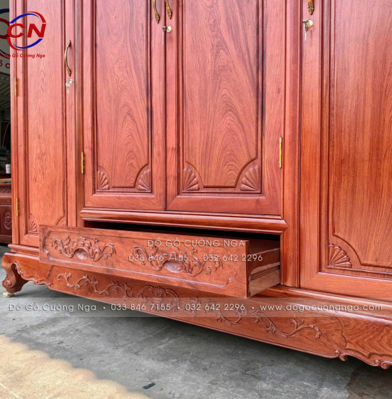 Tủ Áo Gỗ Hương Đá 4 Cánh Tân Cổ Điển Thiết Kế Bản Lề Lá 