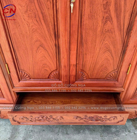 Tủ Áo Gỗ Hương Đá 4 Cánh Tân Cổ Điển Thiết Kế Bản Lề Lá 
