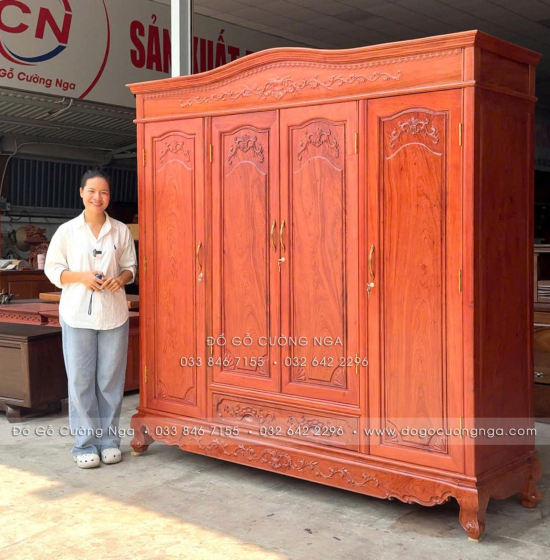 Tủ Áo Gỗ Hương Đá 4 Cánh Tân Cổ Điển Thiết Kế Bản Lề Lá 