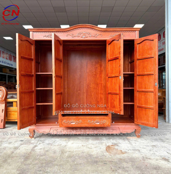 Tủ Áo Gỗ Hương Đá 4 Cánh Tân Cổ Điển Thiết Kế Bản Lề Lá 