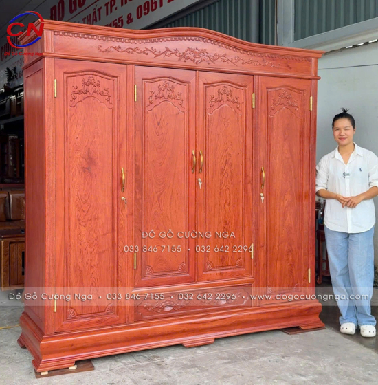 Tủ Áo Gỗ Hương Đá 4 Cánh Tân Cổ Điển Cao Cấp Sang Trọng