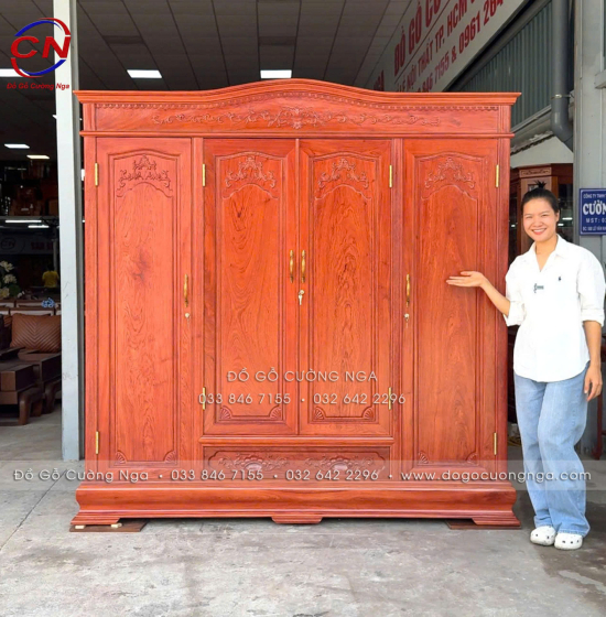 Tủ Áo Gỗ Hương Đá 4 Cánh Tân Cổ Điển Cao Cấp Sang Trọng