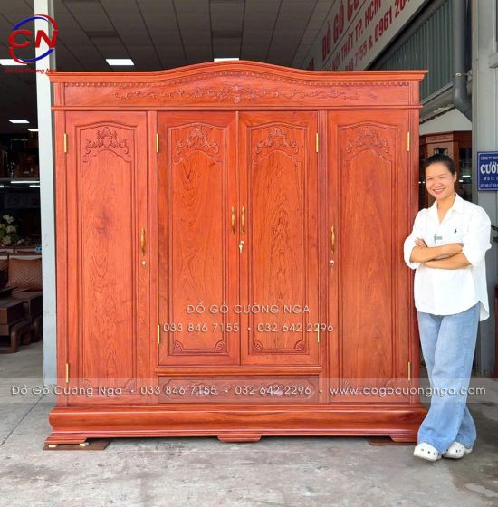 Tủ Áo Gỗ Hương Đá 4 Cánh Tân Cổ Điển Cao Cấp Sang Trọng